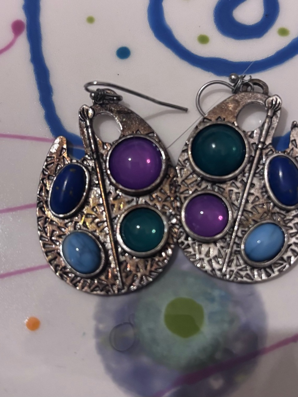 Hand-Painted Palette Drop Earrings with Purple, Teal, Blue and Light Blue Stones
